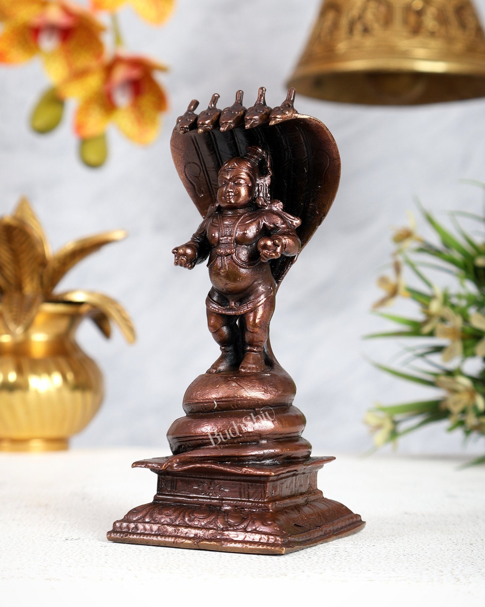 Pure Copper Bal Krishna on Kaliya Naag Idol – Divine Kalinga Narthana Sculpture (5 Inches) - Budhshiv.com