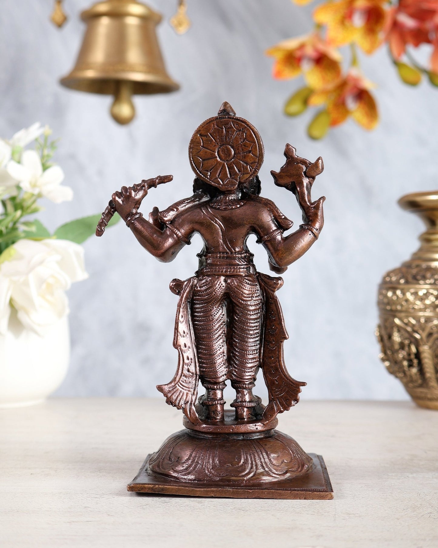 Pure Copper Bhadra Narasimha Statue – Four - Armed Standing Vishnu Avatar Idol 6 inch - Budhshiv.com