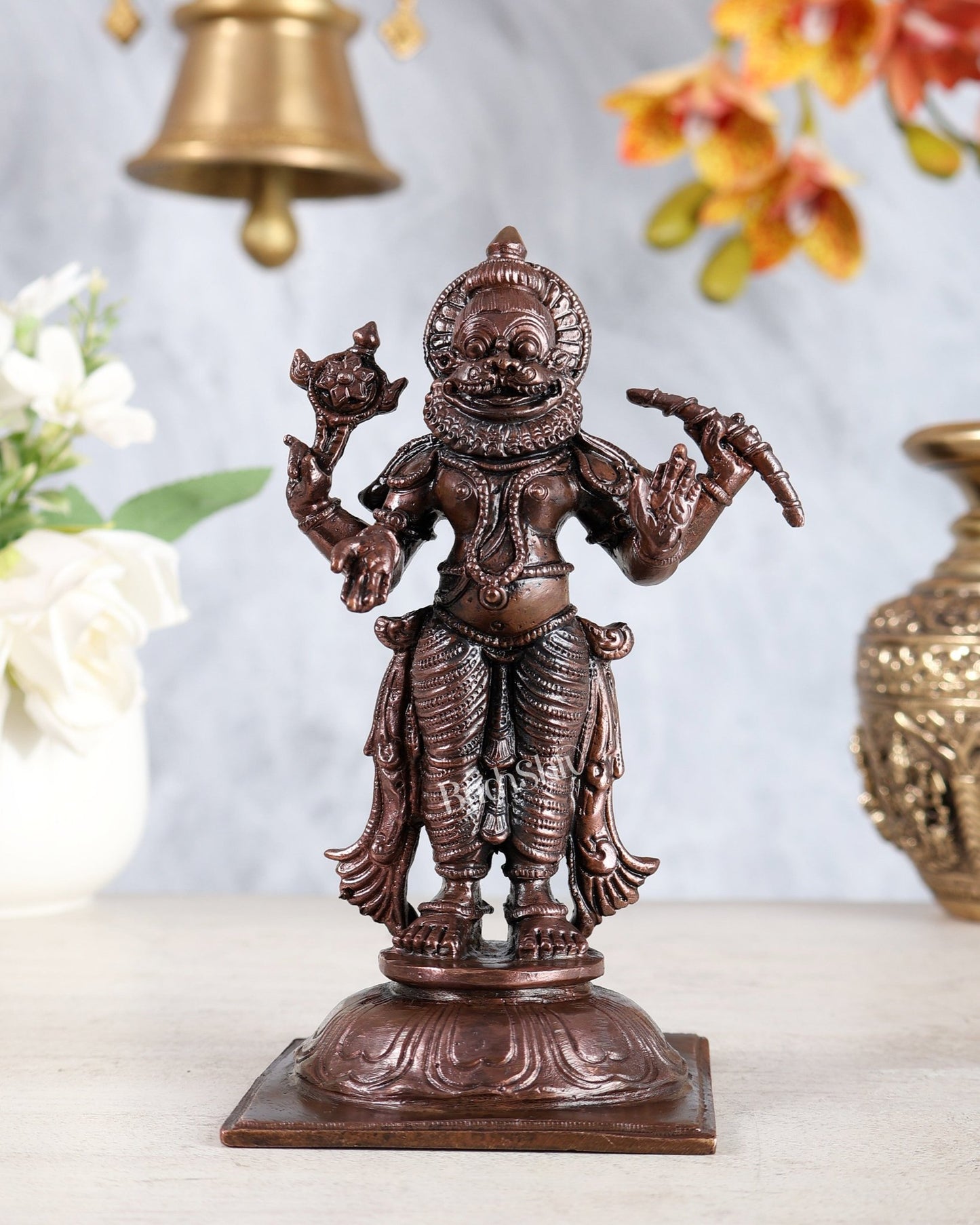 Pure Copper Bhadra Narasimha Statue – Four - Armed Standing Vishnu Avatar Idol 6 inch - Budhshiv.com