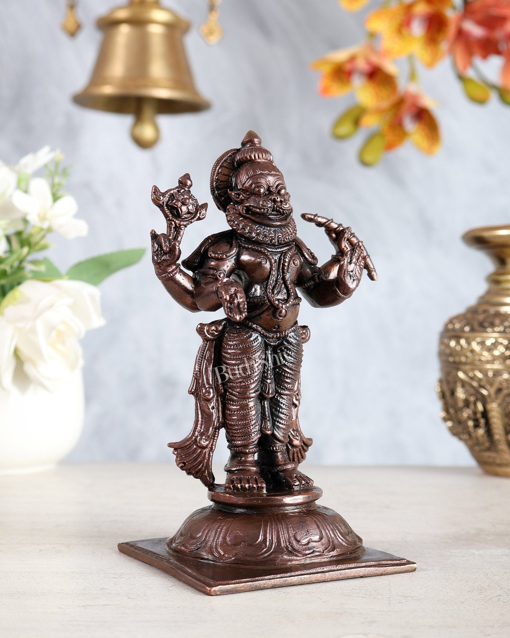 Pure Copper Bhadra Narasimha Statue – Four - Armed Standing Vishnu Avatar Idol 6 inch - Budhshiv.com