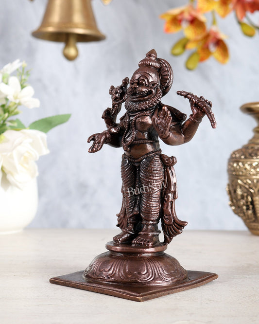 Pure Copper Bhadra Narasimha Statue – Four - Armed Standing Vishnu Avatar Idol 6 inch - Budhshiv.com