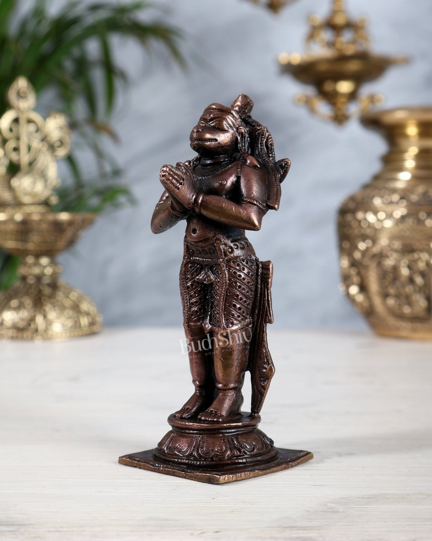 Pure Copper Brahmachari Hanuman Idol | Standing Anjaneya in Namaskara Mudra 4 inch - Budhshiv.com