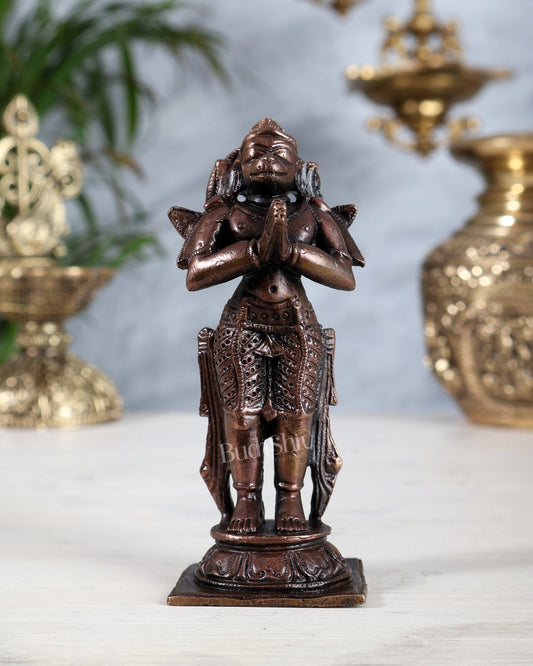Pure Copper Brahmachari Hanuman Idol | Standing Anjaneya in Namaskara Mudra 4 inch - Budhshiv.com