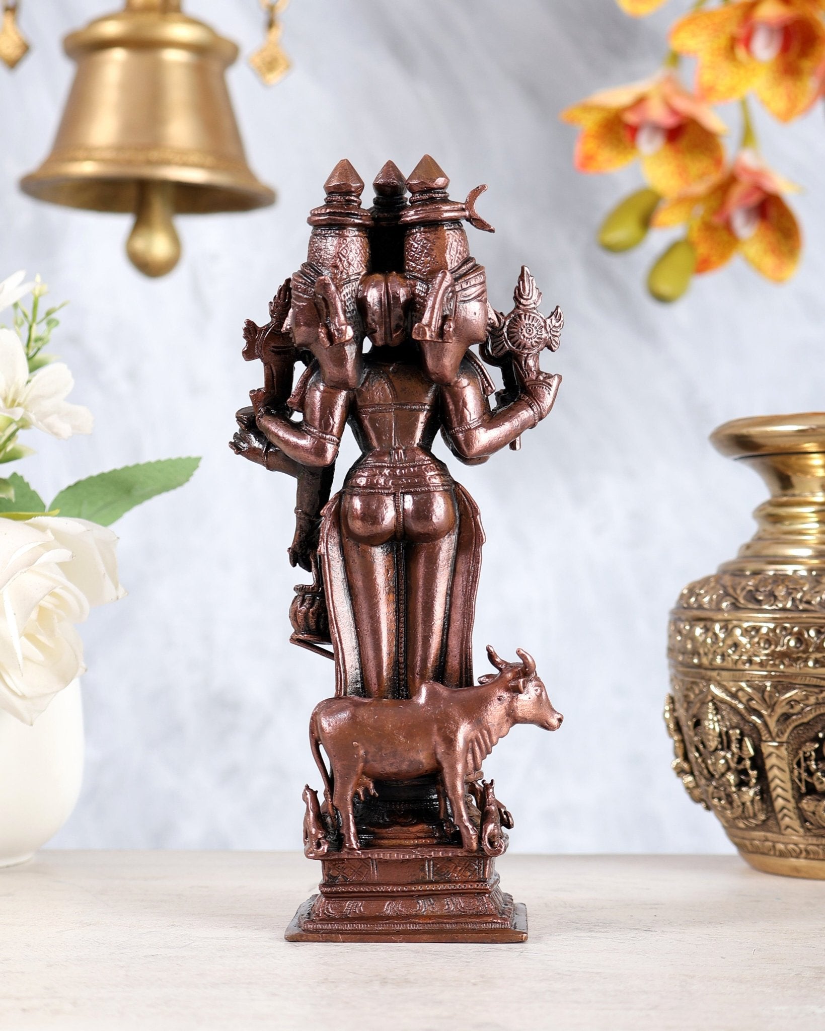 Pure Copper Dattatreya Datta Guru Idol with Cow & Dogs 7 inch - Budhshiv.com