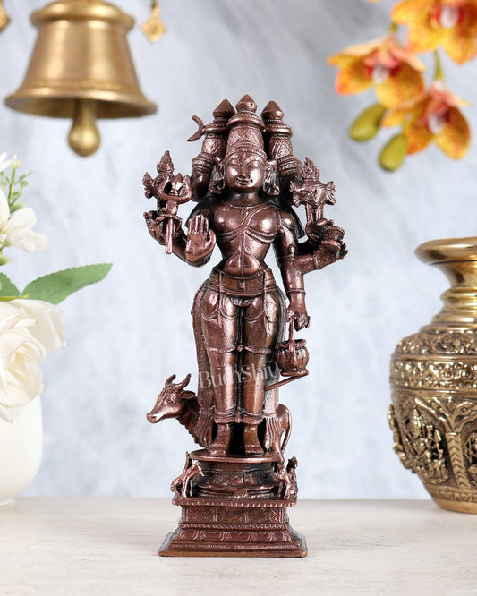 Pure Copper Dattatreya Datta Guru Idol with Cow & Dogs 7 inch - Budhshiv.com