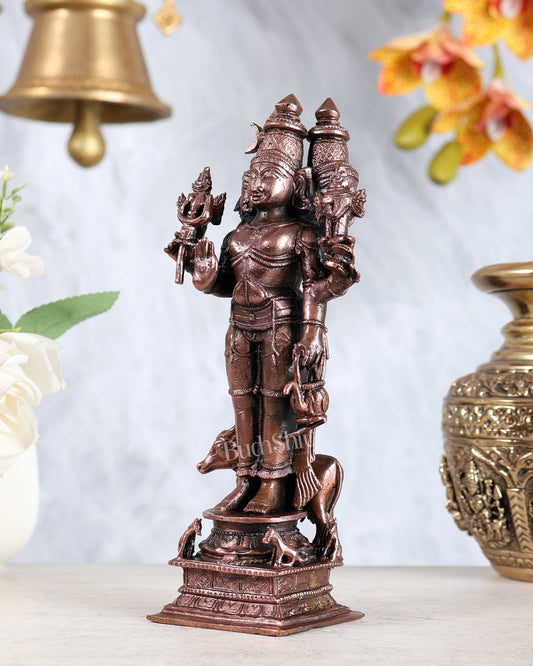 Pure Copper Dattatreya Datta Guru Idol with Cow & Dogs 7 inch - Budhshiv.com