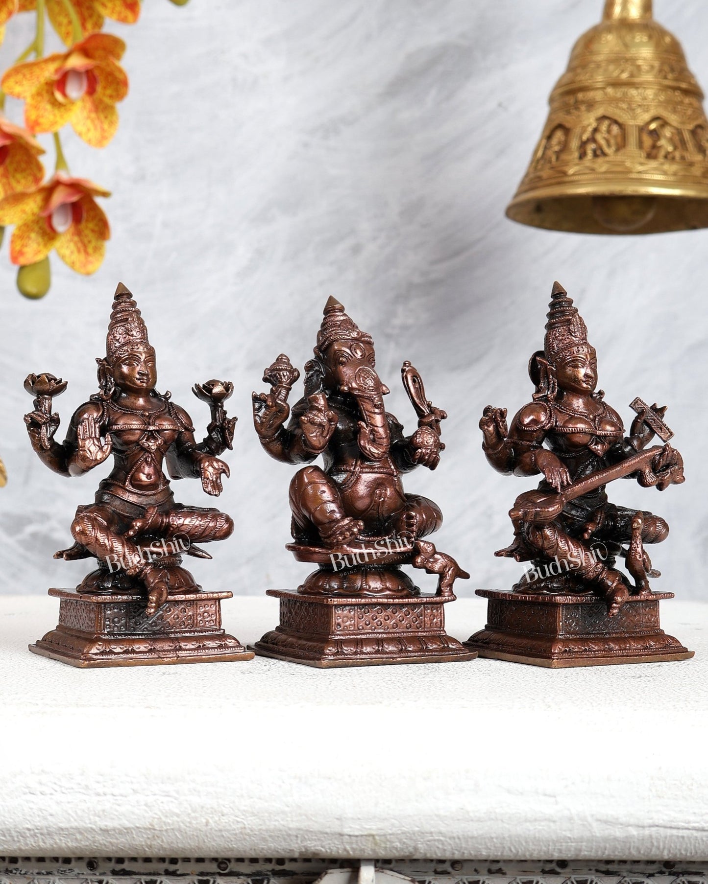 Pure Copper Ganesh Lakshmi Saraswati Idol Set – Divine Wisdom & Prosperity Trio 4.5 inch - Budhshiv.com