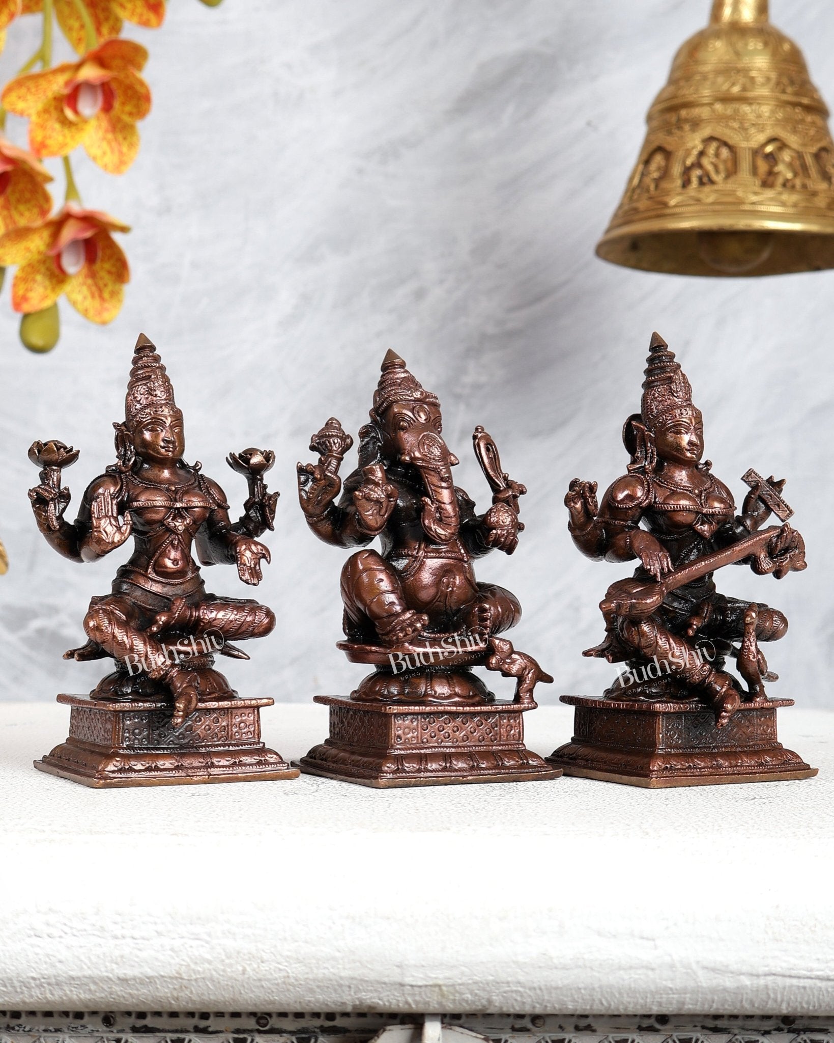 Pure Copper Ganesh Lakshmi Saraswati Idol Set – Divine Wisdom & Prosperity Trio 4.5 inch - Budhshiv.com