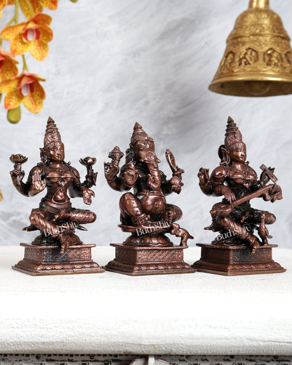 Pure Copper Ganesh Lakshmi Saraswati Idol Set – Divine Wisdom & Prosperity Trio 4.5 inch - Budhshiv.com