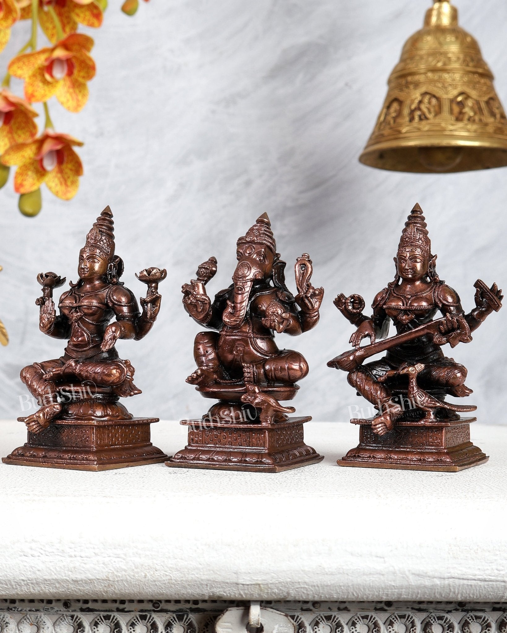 Pure Copper Ganesh Lakshmi Saraswati Idol Set – Divine Wisdom & Prosperity Trio 4.5 inch - Budhshiv.com