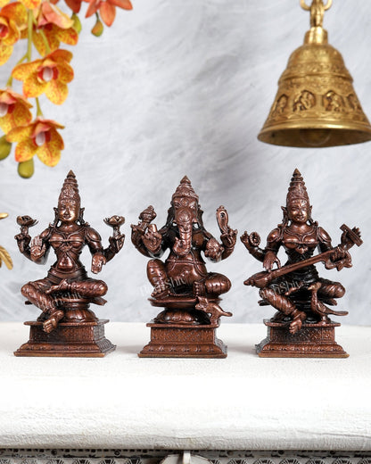 Pure Copper Ganesh Lakshmi Saraswati Idol Set – Divine Wisdom & Prosperity Trio 4.5 inch - Budhshiv.com