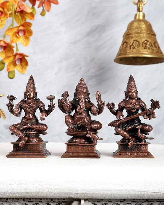 Pure Copper Ganesh Lakshmi Saraswati Idol Set – Divine Wisdom & Prosperity Trio 4.5 inch - Budhshiv.com