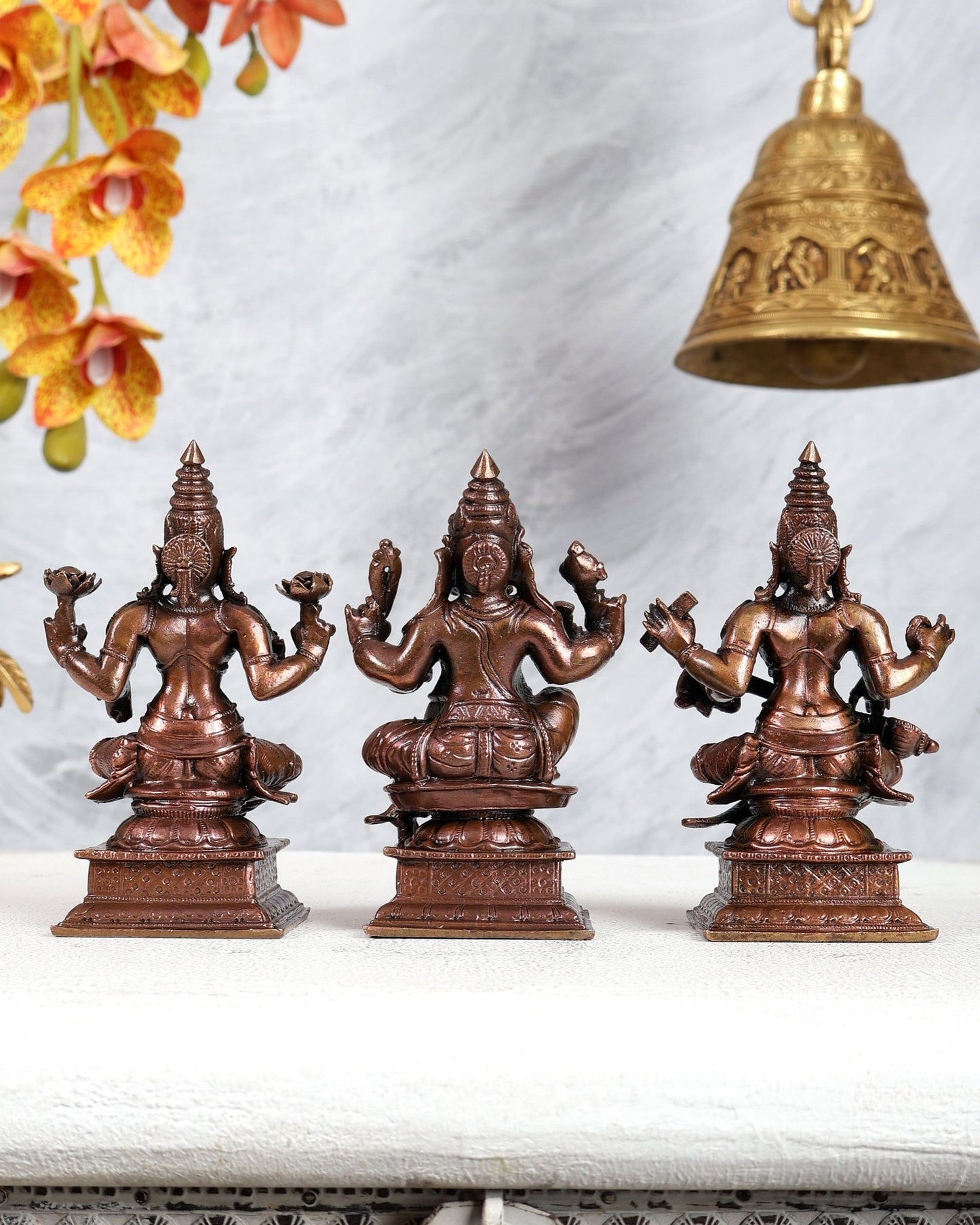 Pure Copper Ganesh Lakshmi Saraswati Idol Set – Divine Wisdom & Prosperity Trio 4.5 inch - Budhshiv.com