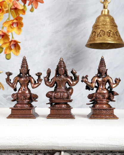 Pure Copper Ganesh Lakshmi Saraswati Idol Set – Divine Wisdom & Prosperity Trio 4.5 inch - Budhshiv.com