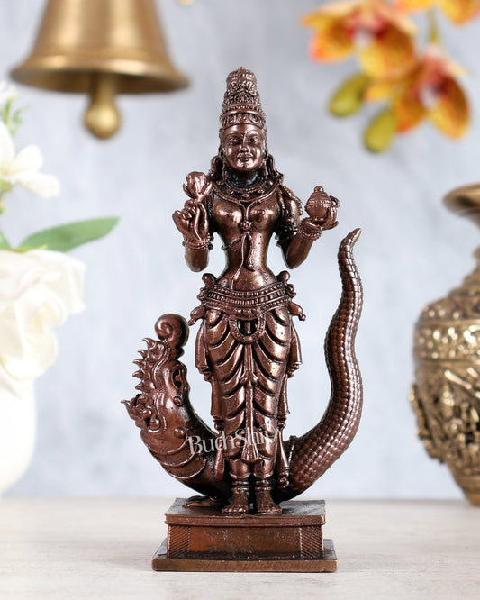 Pure Copper Ganga Devi Idol Standing Sculpture | River Goddess Murti for Puja 5.75" - Budhshiv.com