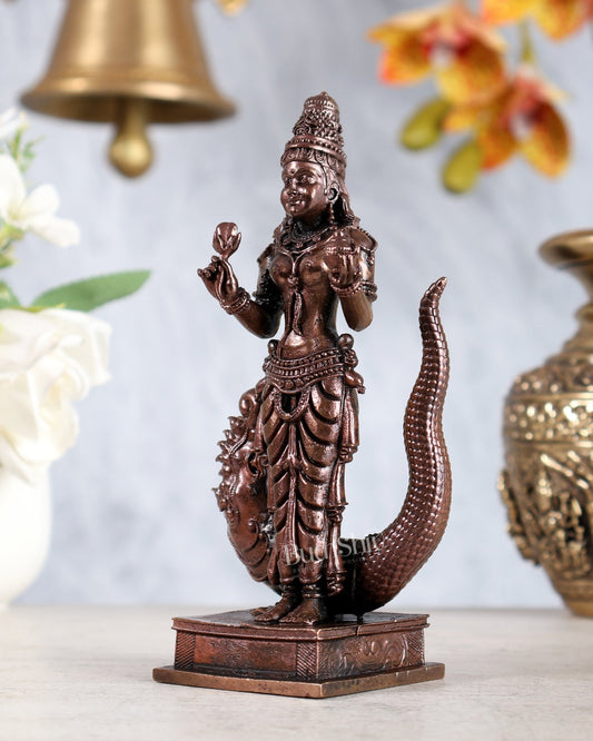 Pure Copper Ganga Devi Idol Standing Sculpture | River Goddess Murti for Puja 5.75" - Budhshiv.com