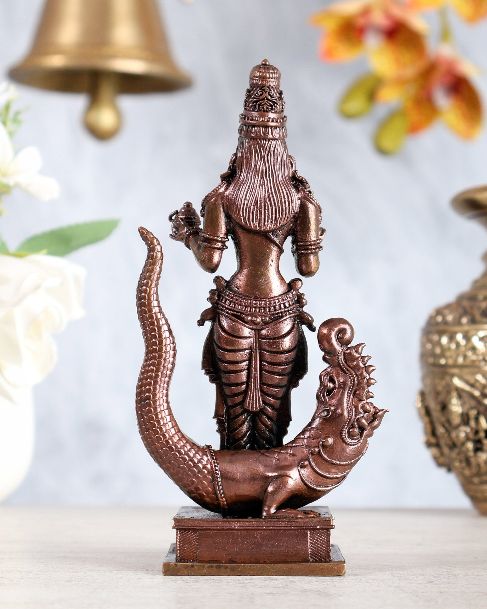 Pure Copper Ganga Devi Idol Standing Sculpture | River Goddess Murti for Puja 5.75" - Budhshiv.com