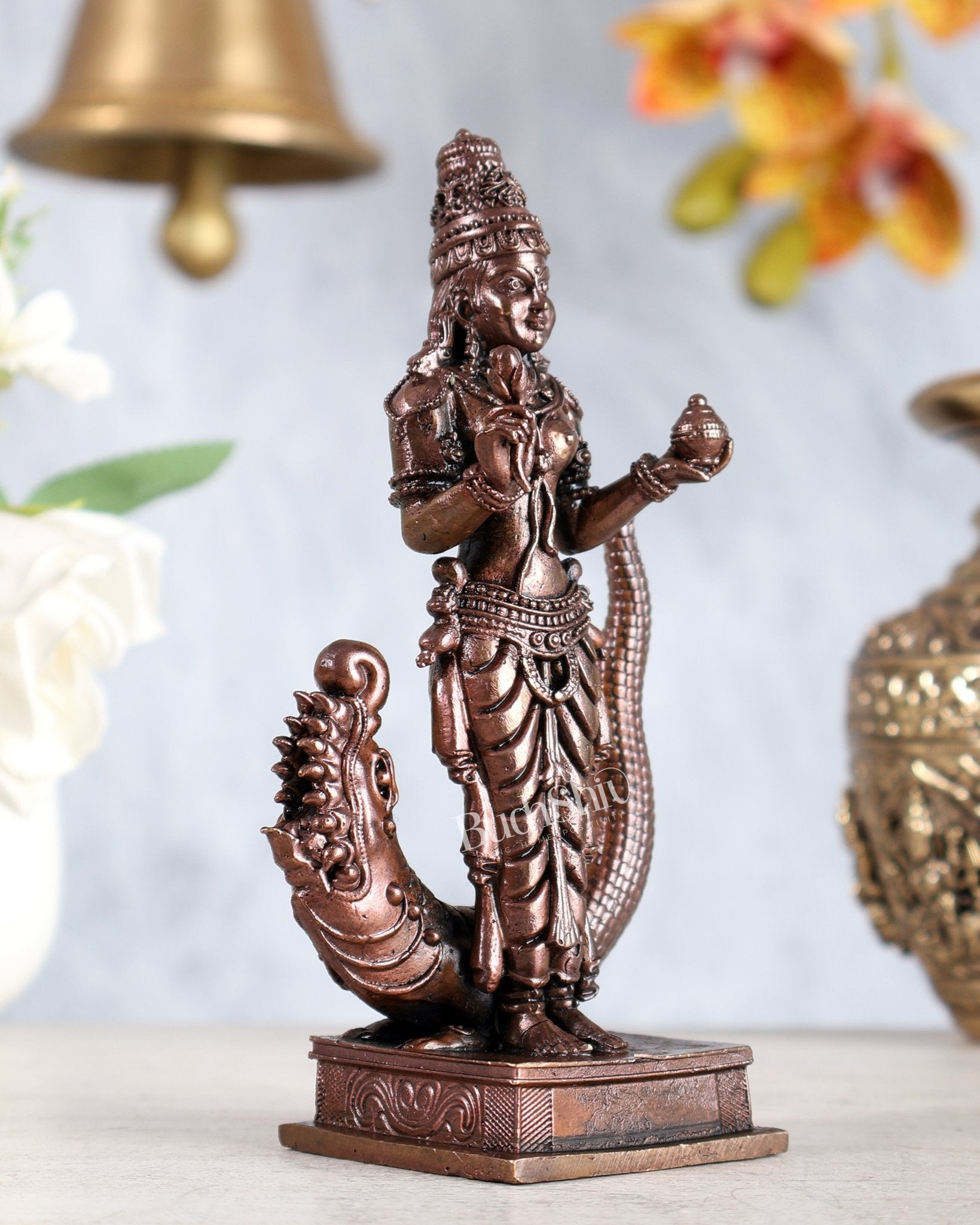 Pure Copper Ganga Devi Idol Standing Sculpture | River Goddess Murti for Puja 5.75" - Budhshiv.com