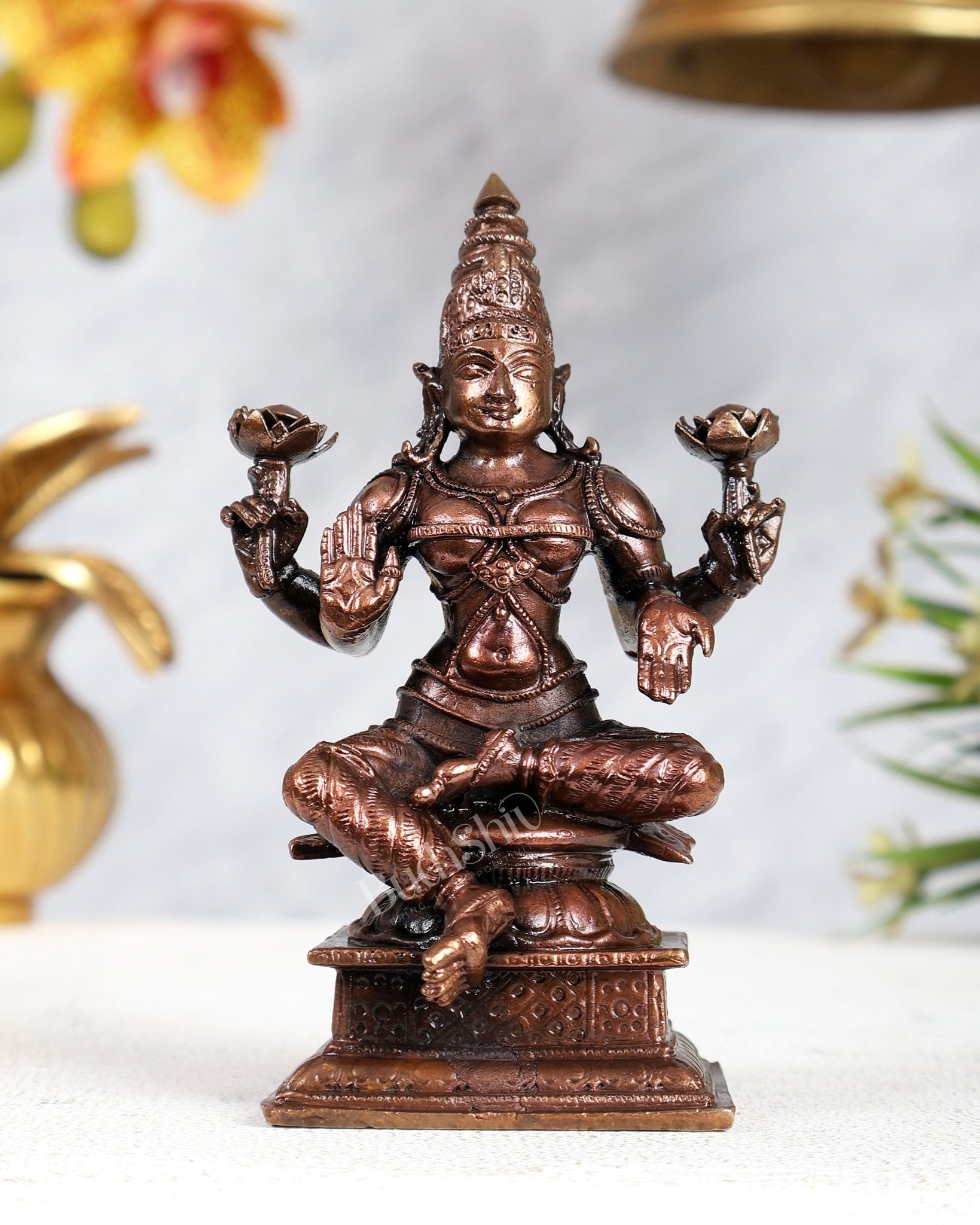 Pure Copper Goddess Lakshmi Idol | Handcrafted 4.2 inch - Budhshiv.com