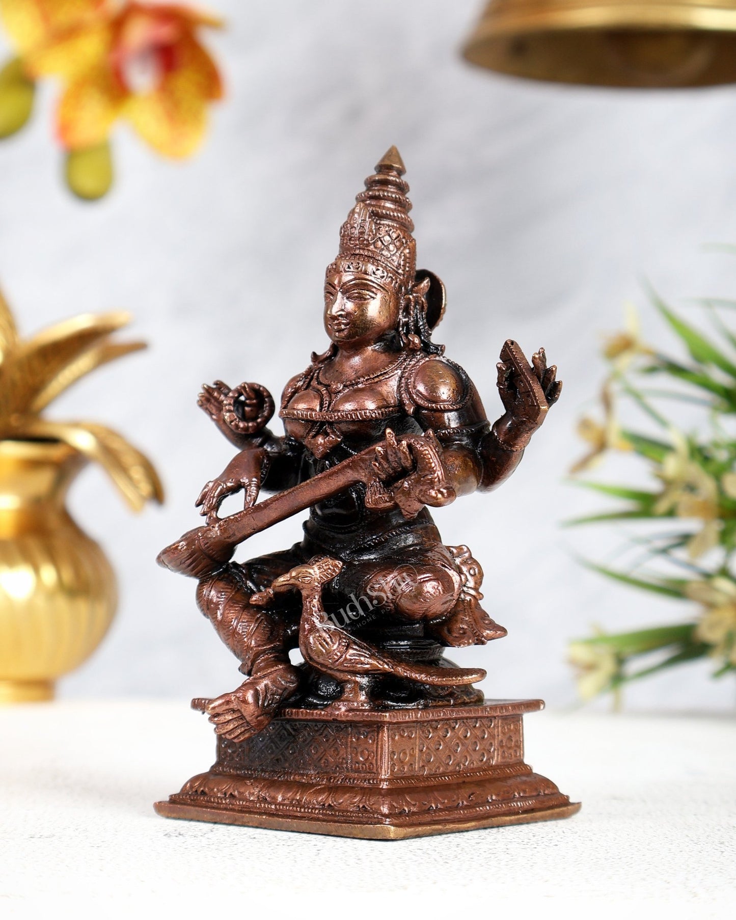 Pure Copper Goddess Saraswati Idol 4.5 inch | BudhShiv Brass Handicrafts - Budhshiv.com