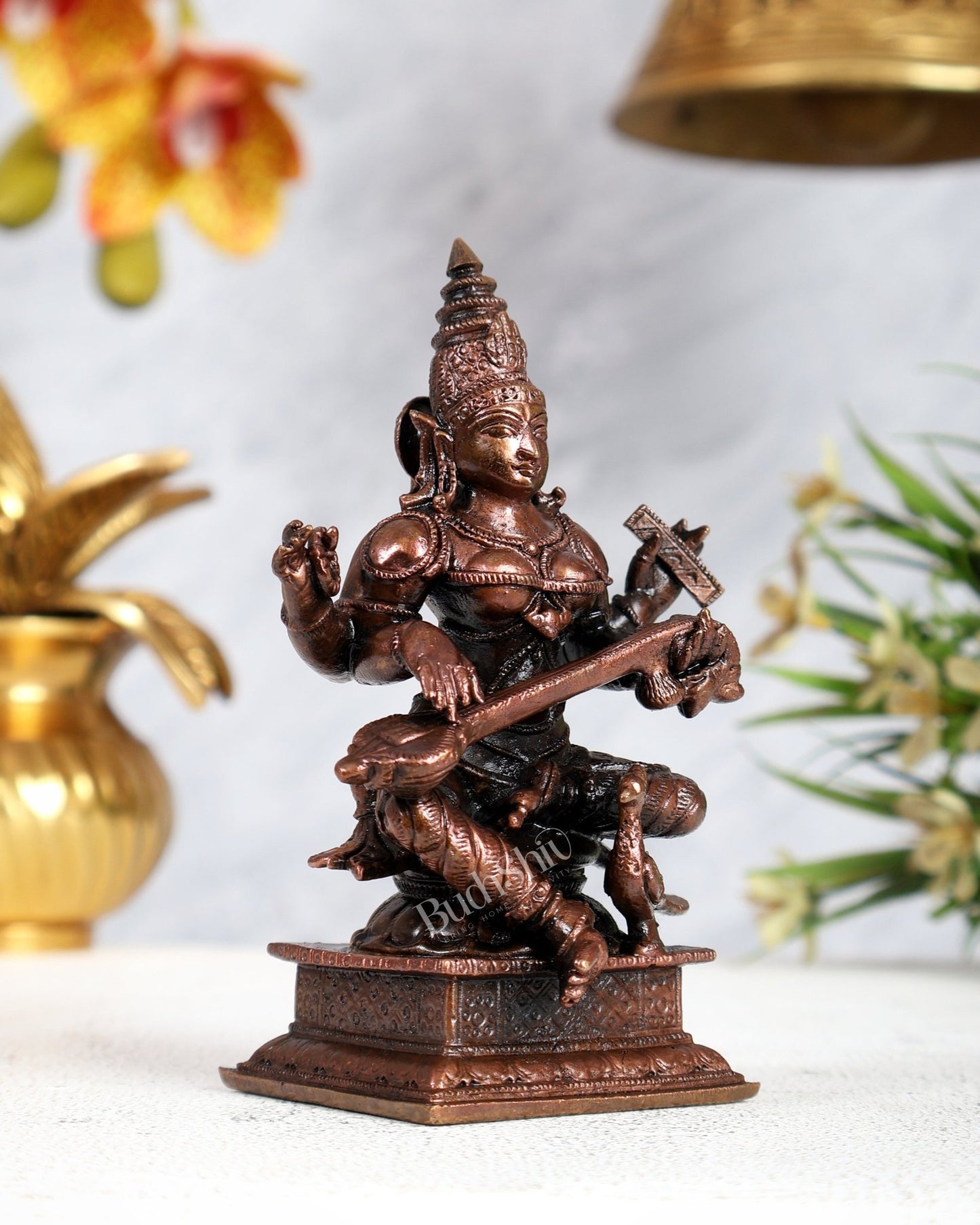 Pure Copper Goddess Saraswati Idol 4.5 inch | BudhShiv Brass Handicrafts - Budhshiv.com