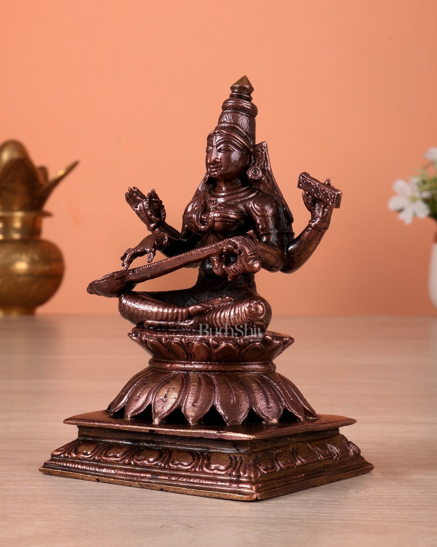 Pure Copper Goddess Saraswati Idol (5 Inch, 620 gm) - Budhshiv.com