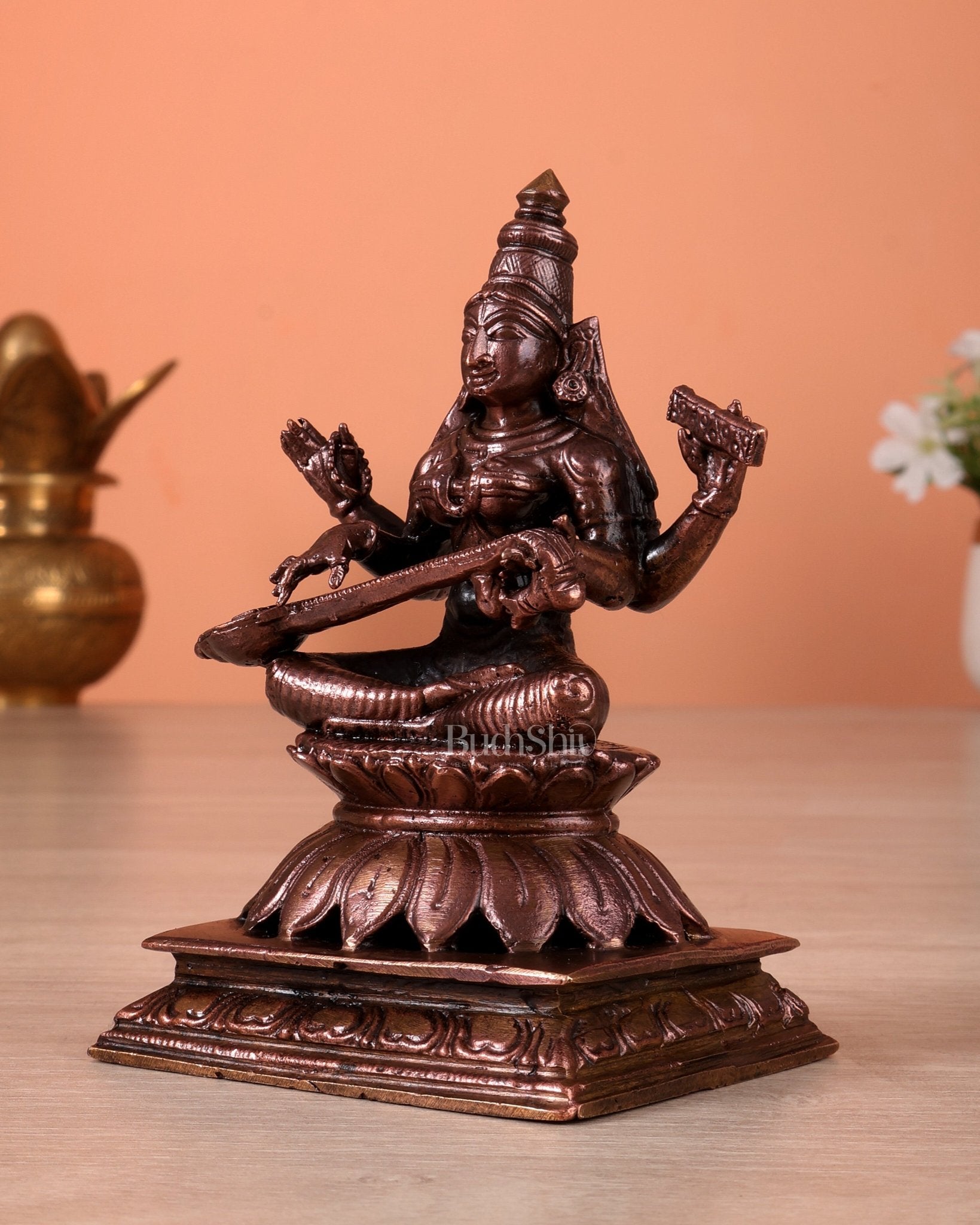 Pure Copper Goddess Saraswati Idol (5 Inch, 620 gm) - Budhshiv.com