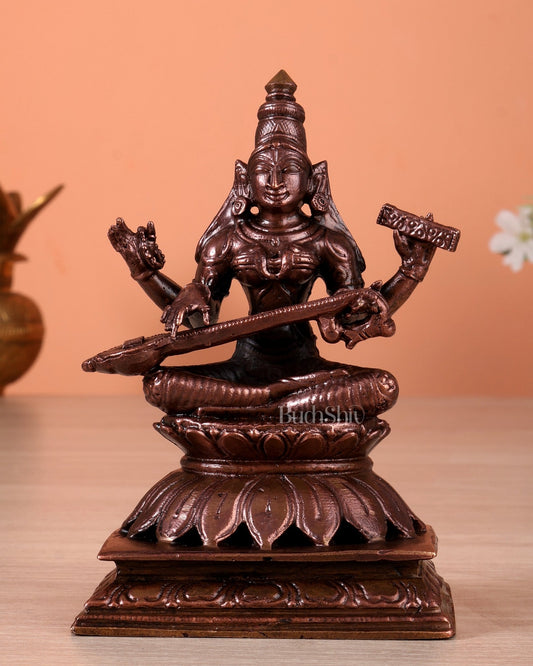 Pure Copper Goddess Saraswati Idol (5 Inch, 620 gm) - Budhshiv.com