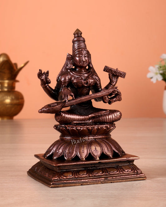 Pure Copper Goddess Saraswati Idol (5 Inch, 620 gm) - Budhshiv.com