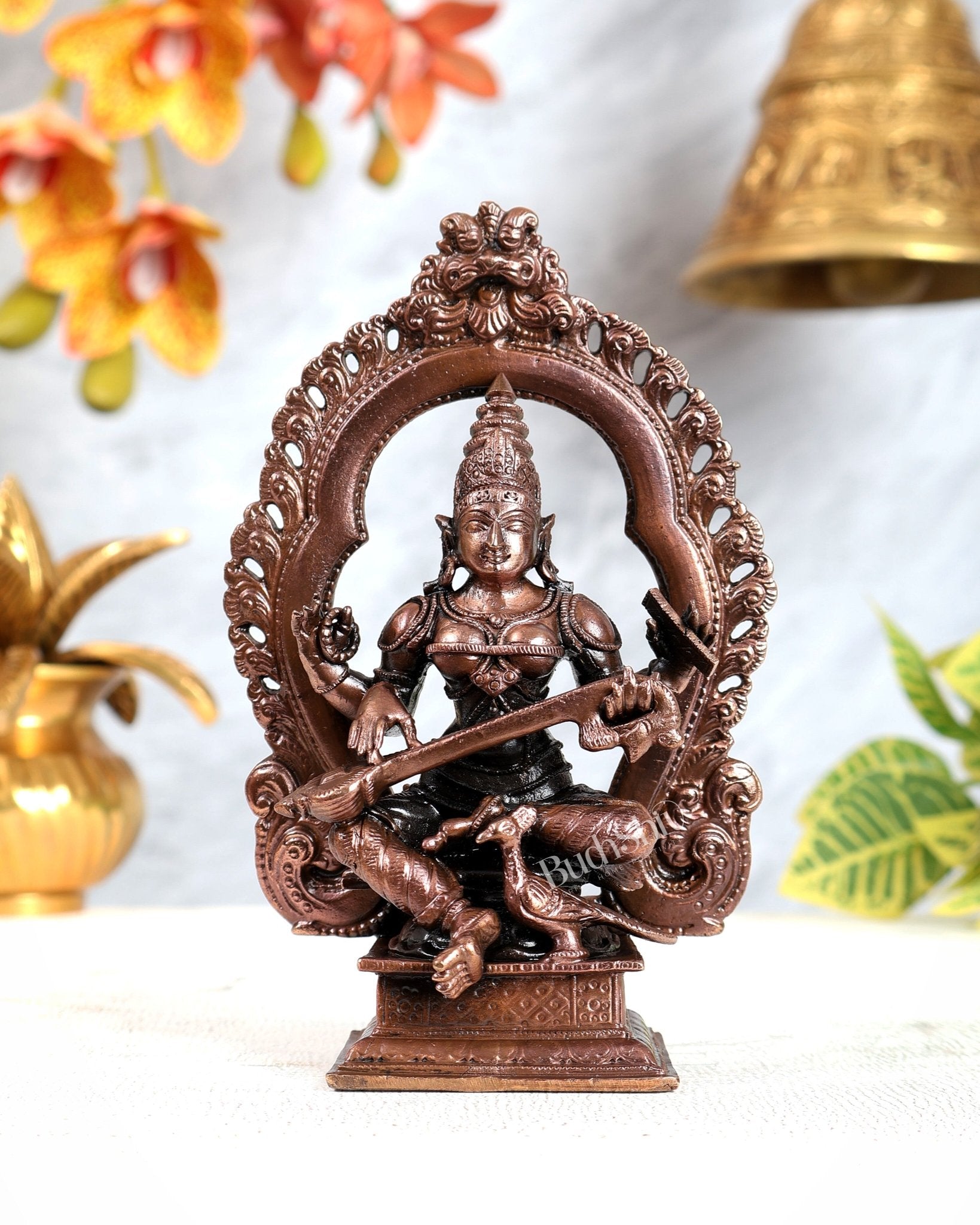 Pure Copper Goddess Saraswati with Swan on Prabhavali Throne Idol (5.5 Inches) - Budhshiv.com
