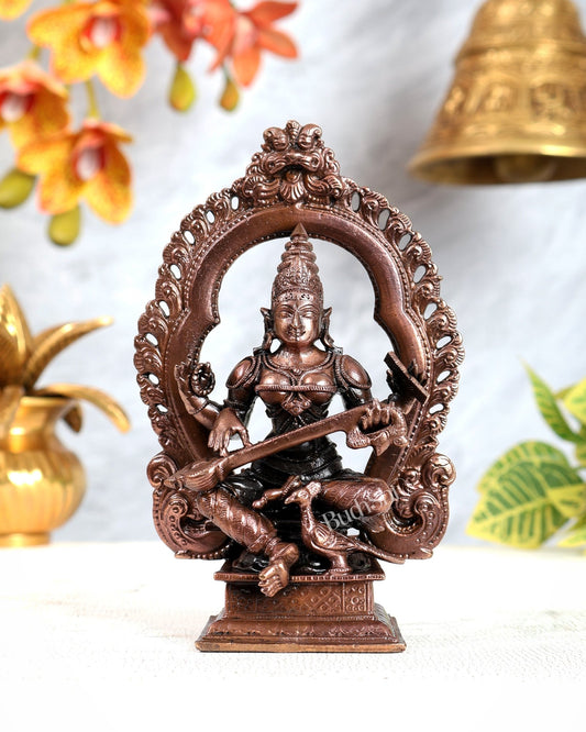 Pure Copper Goddess Saraswati with Swan on Prabhavali Throne Idol (5.5 Inches) - Budhshiv.com