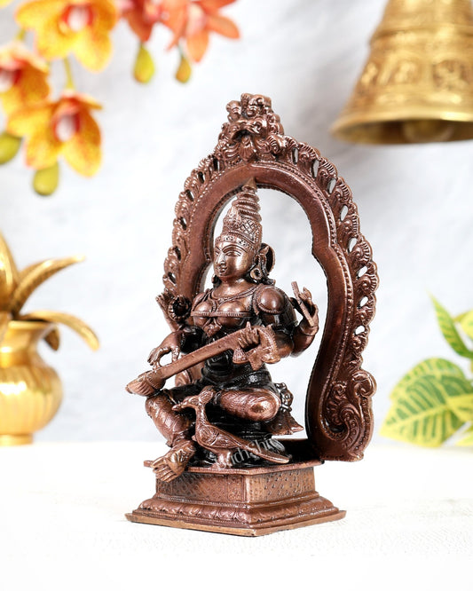 Pure Copper Goddess Saraswati with Swan on Prabhavali Throne Idol (5.5 Inches) - Budhshiv.com