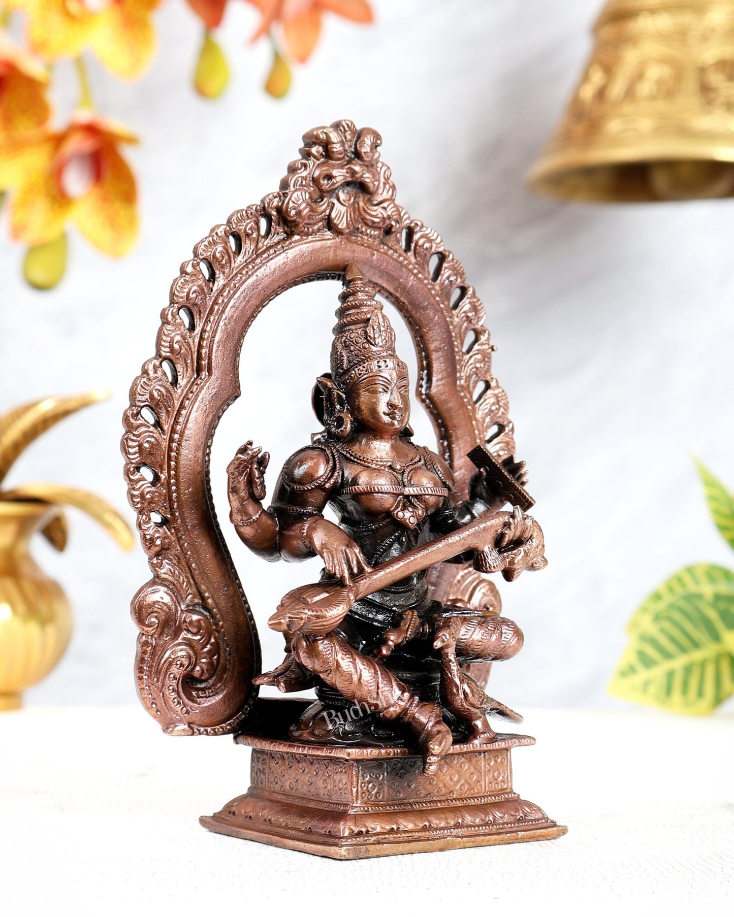 Pure Copper Goddess Saraswati with Swan on Prabhavali Throne Idol (5.5 Inches) - Budhshiv.com