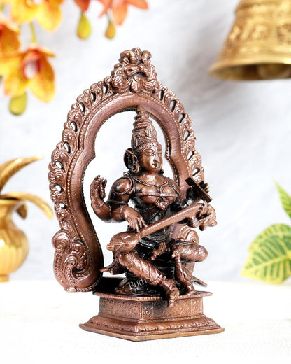 Pure Copper Goddess Saraswati with Swan on Prabhavali Throne Idol (5.5 Inches) - Budhshiv.com