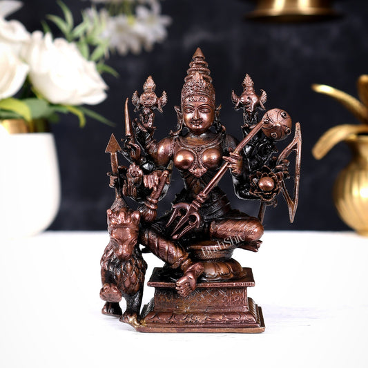 Pure Copper Goddess Shakti Durga Idol Seated with Lion — Dashabhuja 4.2 inch - Budhshiv.com