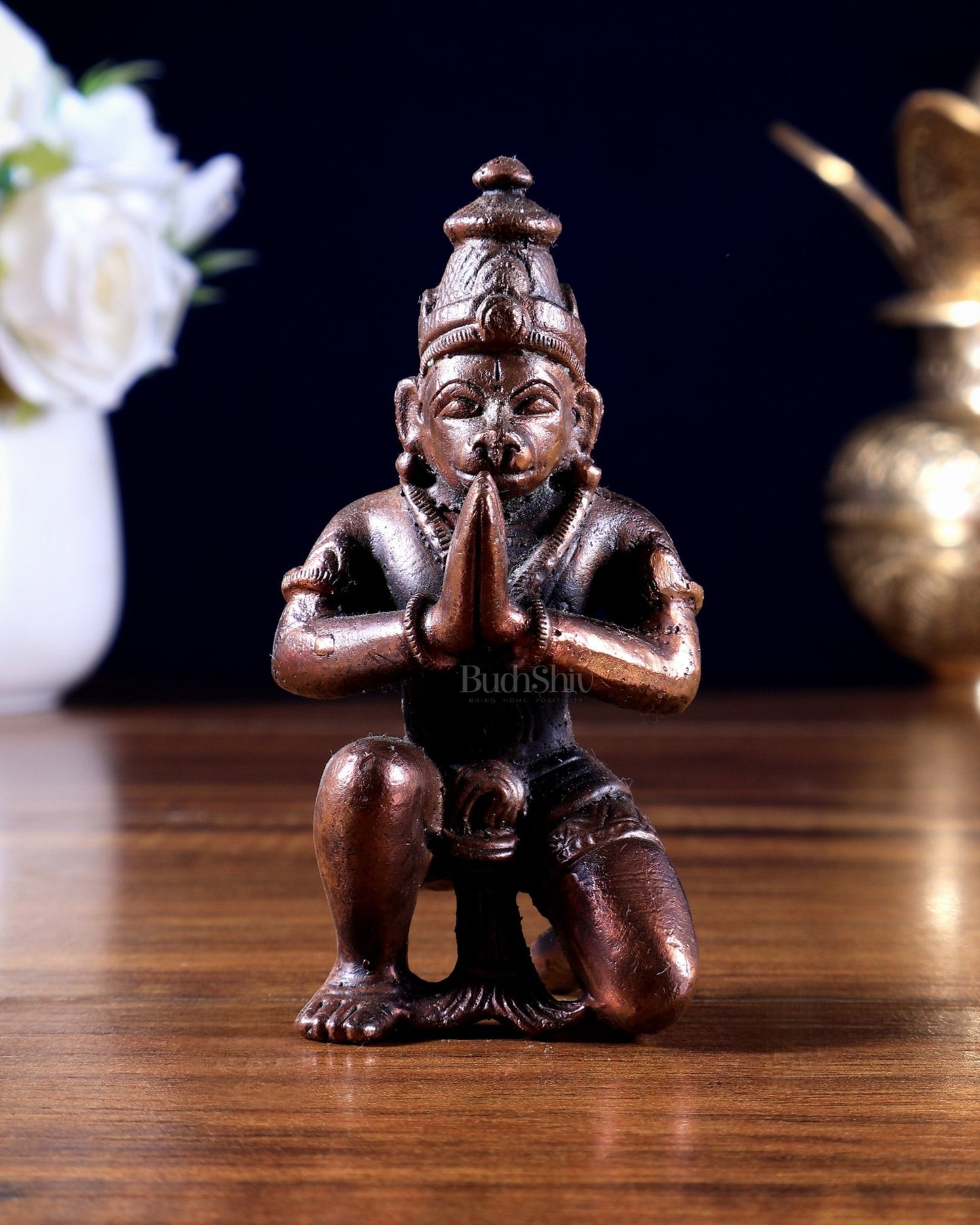 Pure Copper Hanuman Ji Idol – Kneeling Anjali / Namaste Mudra (Solid Copper) - Budhshiv.com
