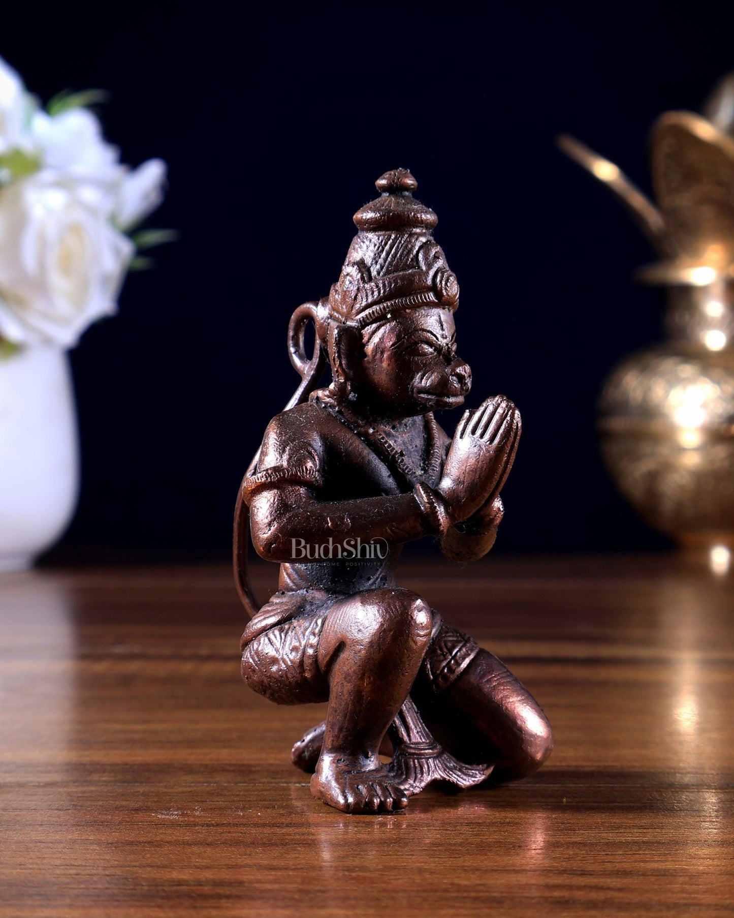 Pure Copper Hanuman Ji Idol – Kneeling Anjali / Namaste Mudra (Solid Copper) - Budhshiv.com