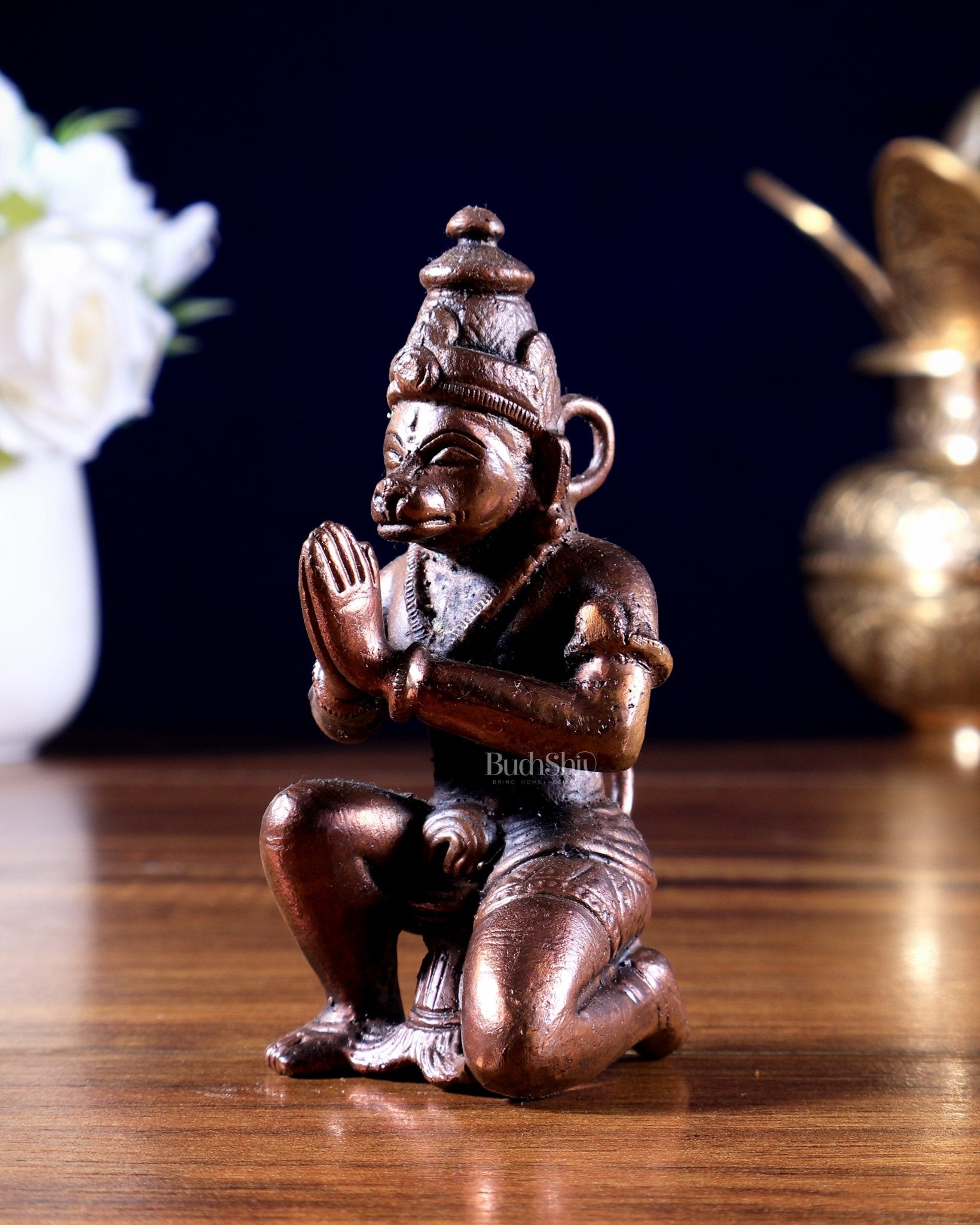 Pure Copper Hanuman Ji Idol – Kneeling Anjali / Namaste Mudra (Solid Copper) - Budhshiv.com