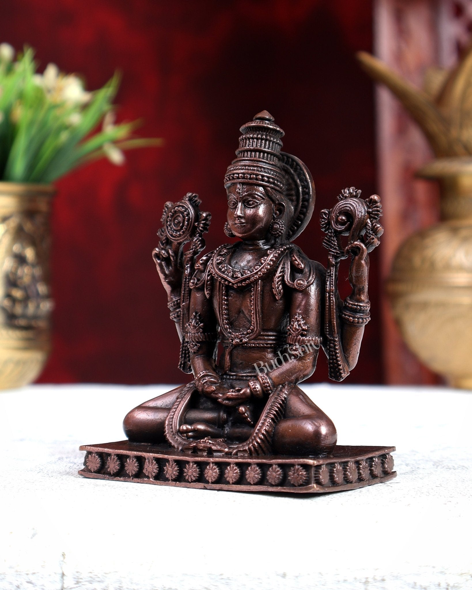 Pure Copper Hollow Cast Vishnu in Meditation Idol 4 inch - Budhshiv.com