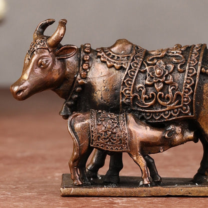 Pure Copper kamdhenu cow Gomatha Vigaraha - with Calf Idol, 2" - Budhshiv.com
