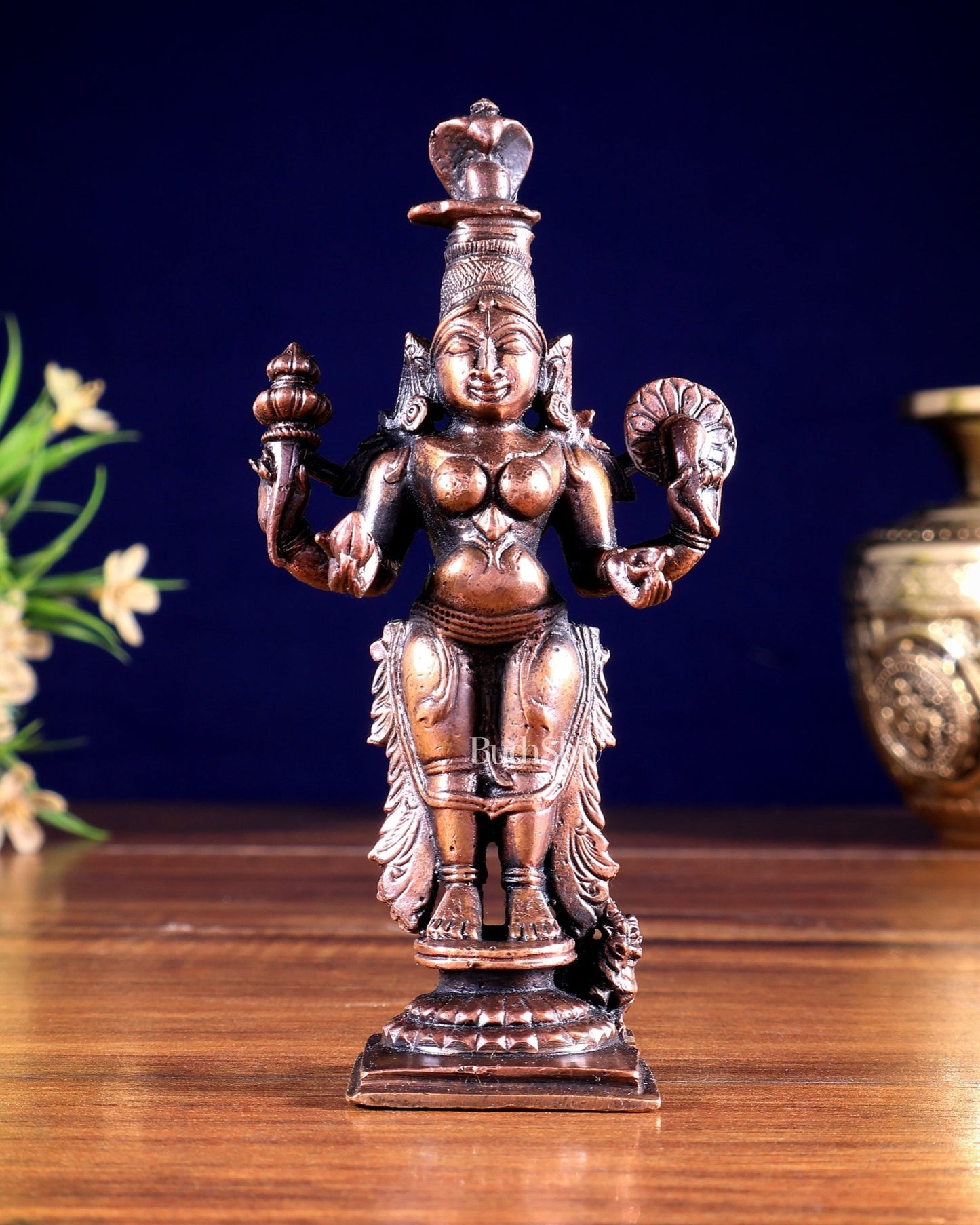 Pure Copper Kolhapur Mahalakshmi Standing Idol 6 inch - Budhshiv.com