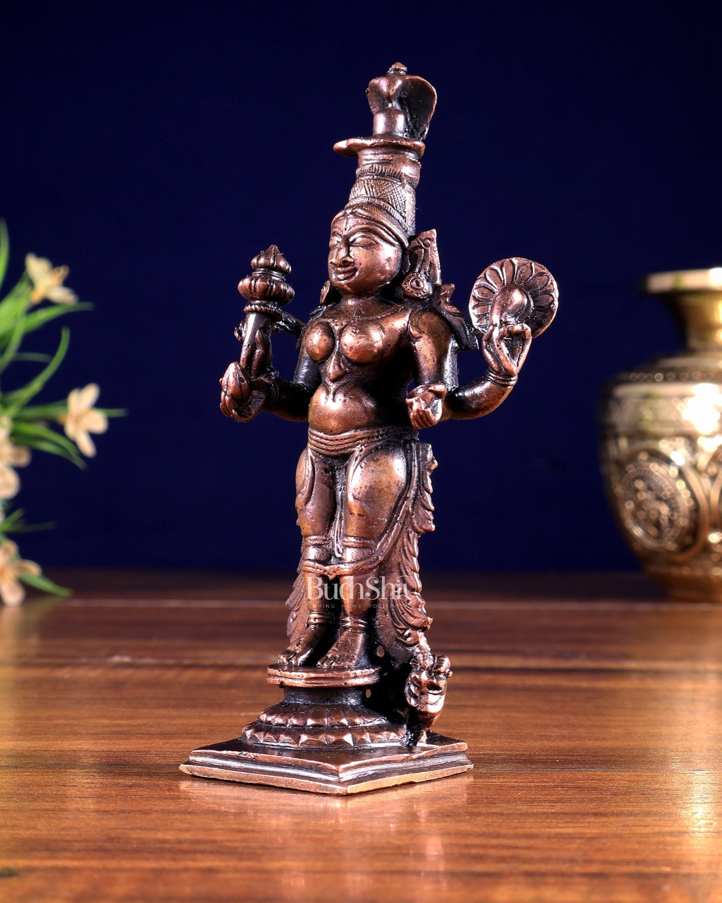 Pure Copper Kolhapur Mahalakshmi Standing Idol 6 inch - Budhshiv.com