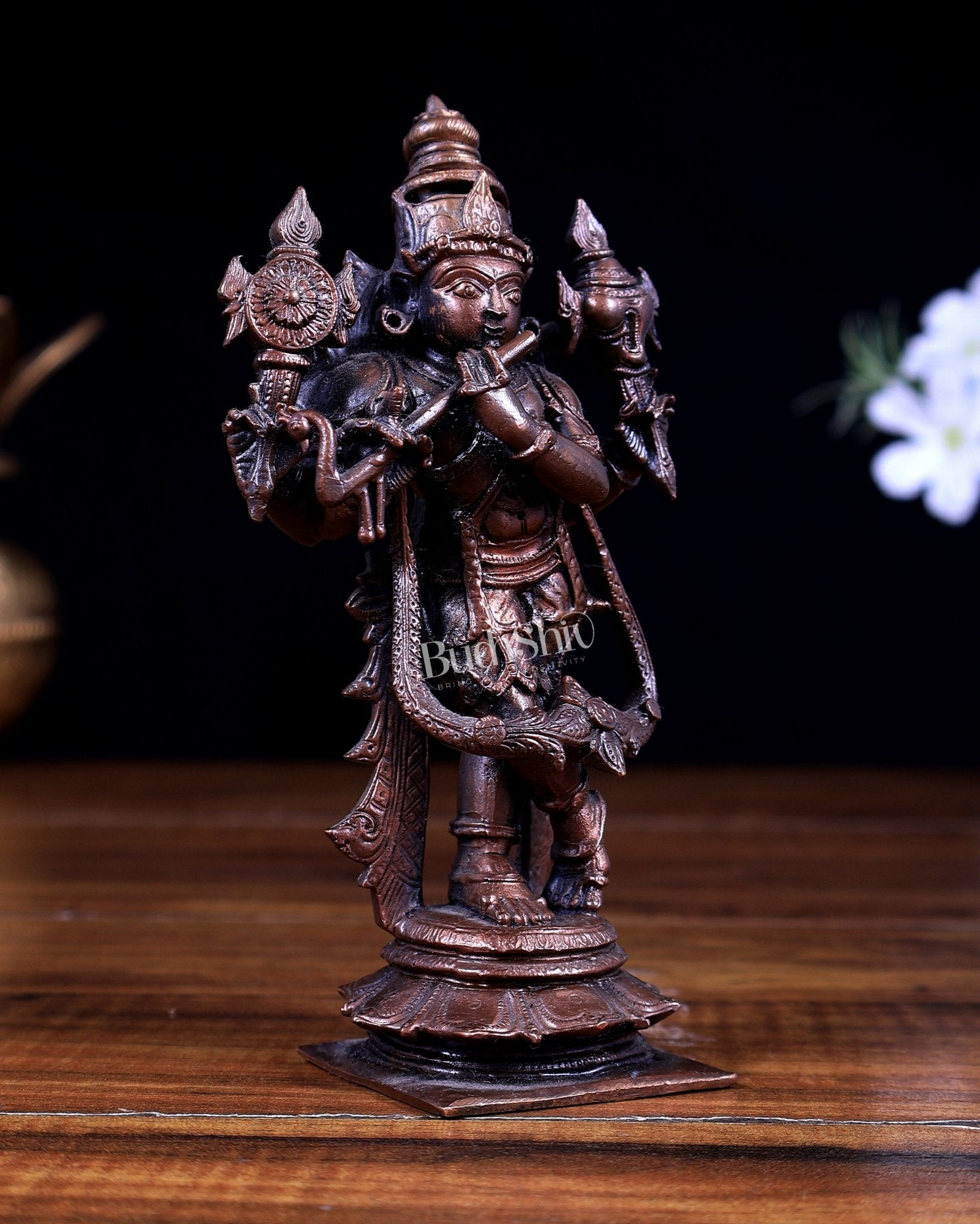 Pure Copper Krishna Vishnu roopam Charbhuja idol | 6" - Budhshiv.com