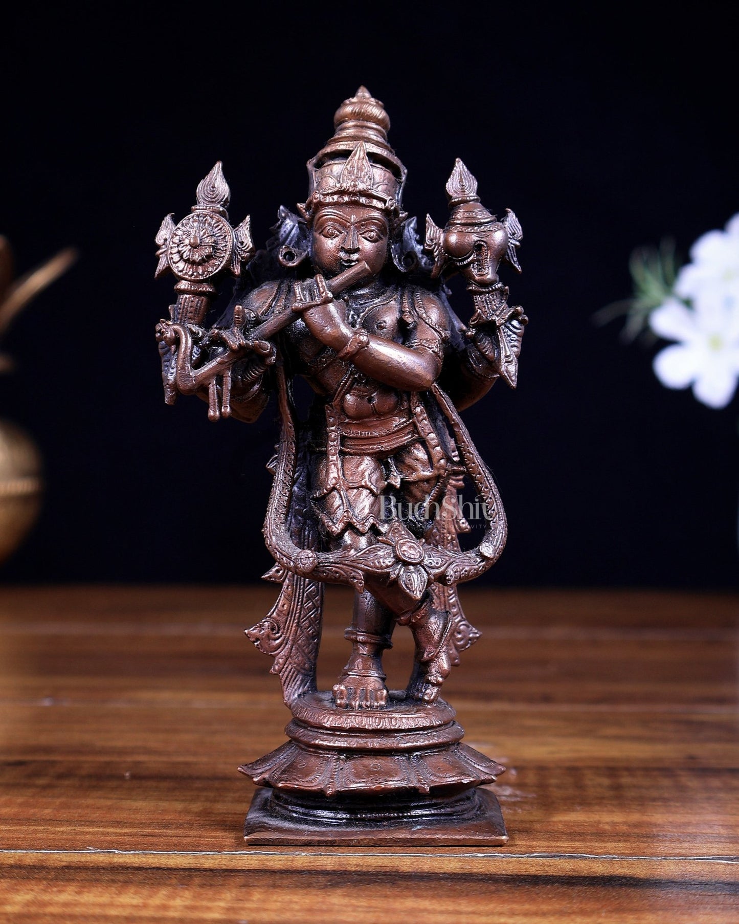 Pure Copper Krishna Vishnu roopam Charbhuja idol | 6" - Budhshiv.com