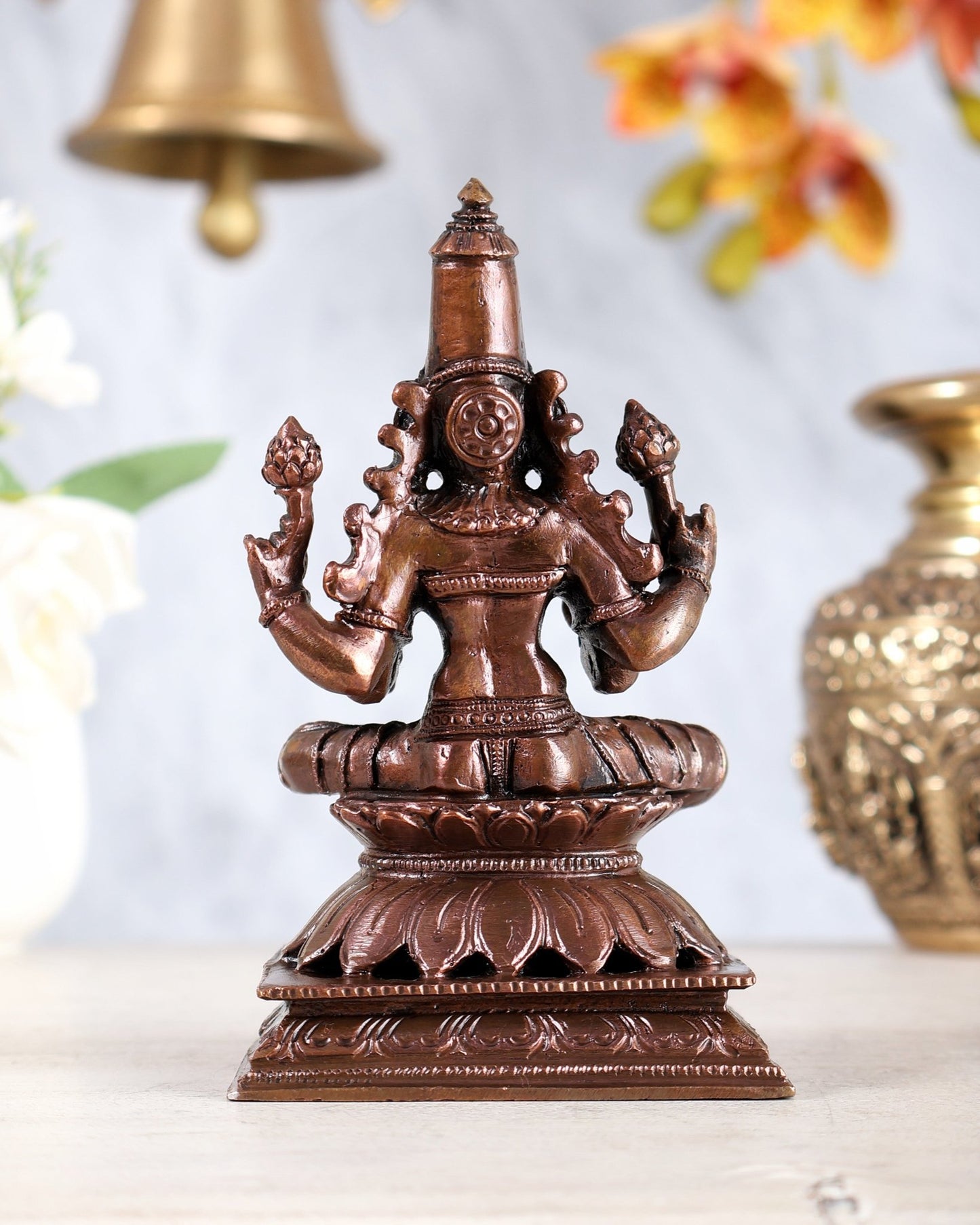 Pure Copper Lakshmi Idol on Lotus 5" - Budhshiv.com
