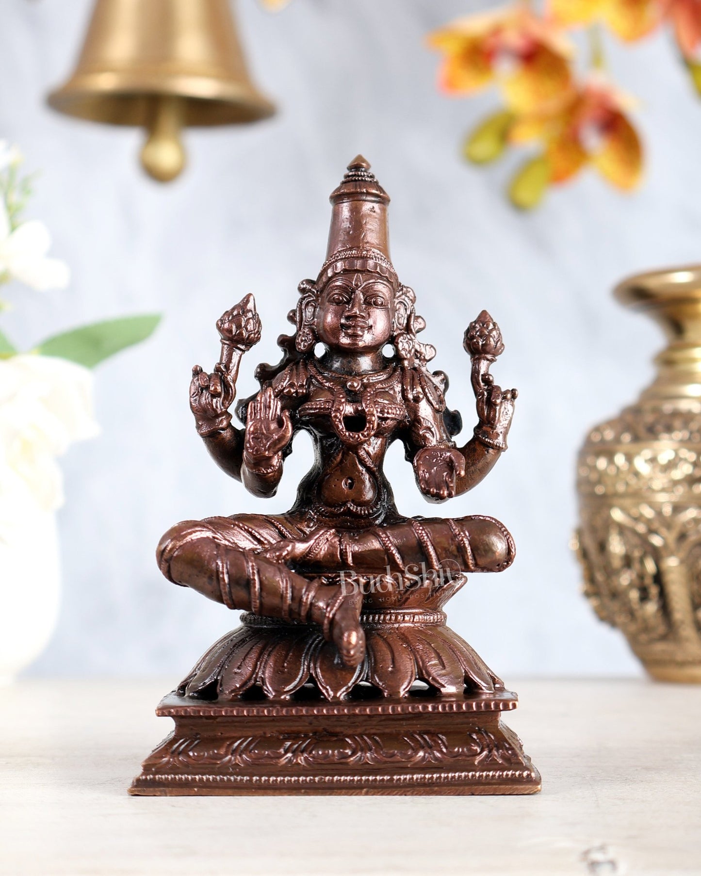 Pure Copper Lakshmi Idol on Lotus 5" - Budhshiv.com