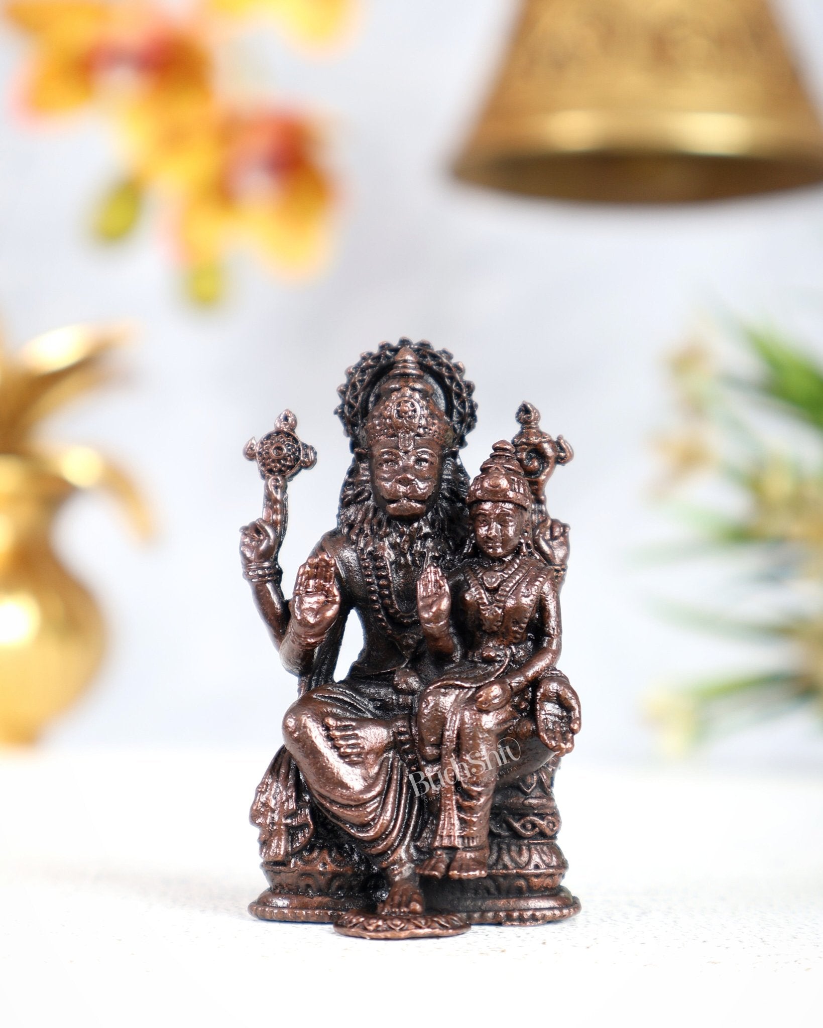 Pure Copper Lakshmi Narasimha Idol Miniature – Divine Protection Pocket Shrine (2.5 Inches) - Budhshiv.com