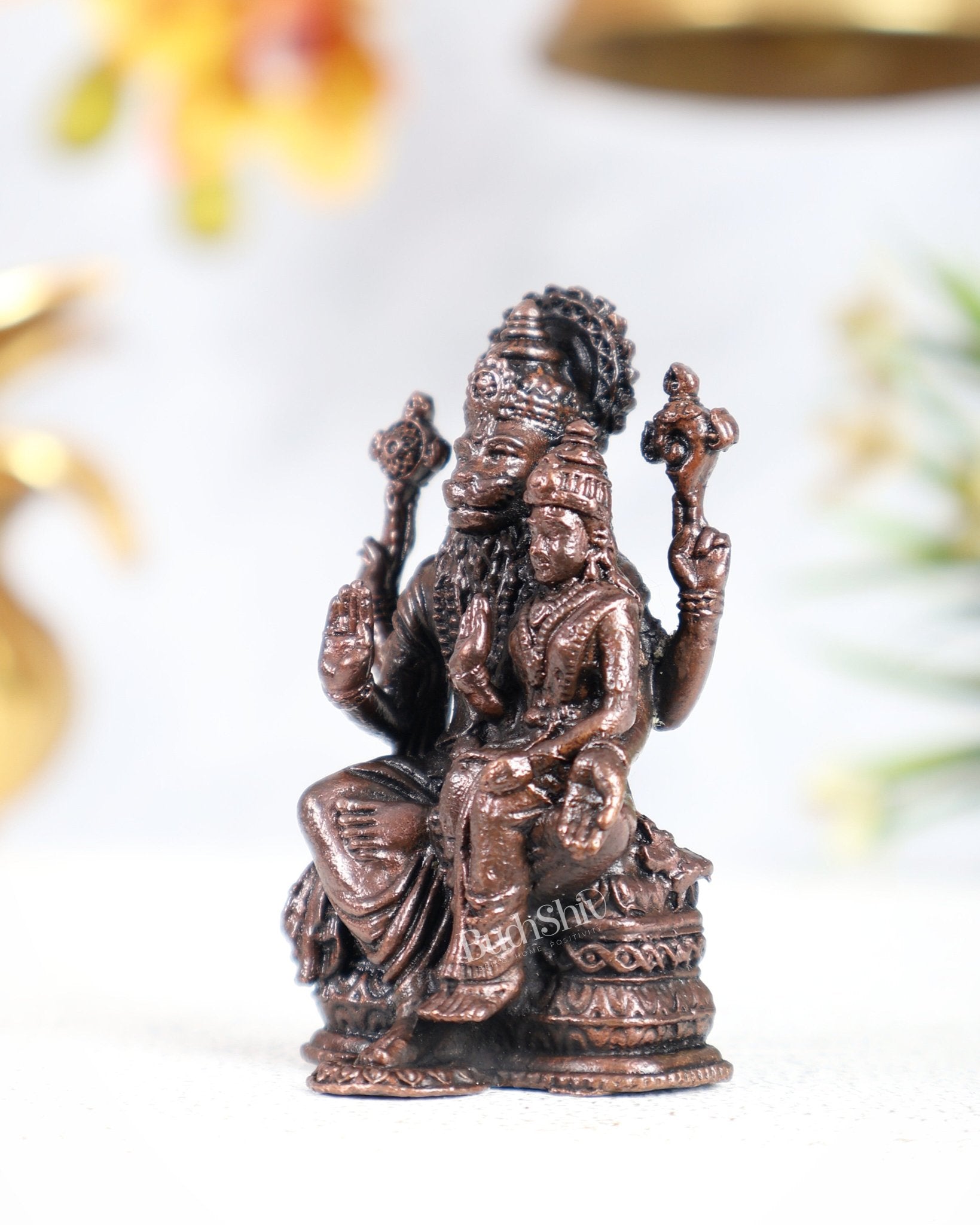 Pure Copper Lakshmi Narasimha Idol Miniature – Divine Protection Pocket Shrine (2.5 Inches) - Budhshiv.com