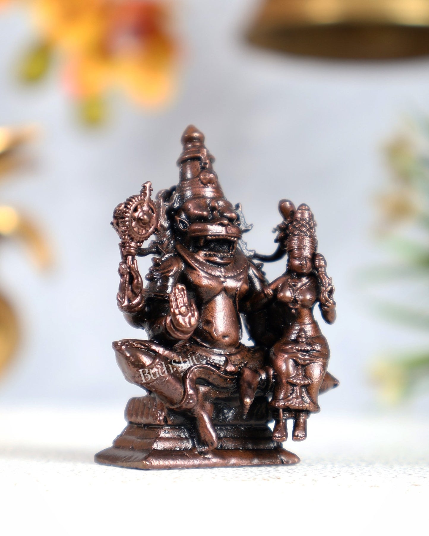 Pure Copper Lakshmi Narasimha Swamy Idol – Divine Protection Miniature Sculpture (2 Inches) - Budhshiv.com