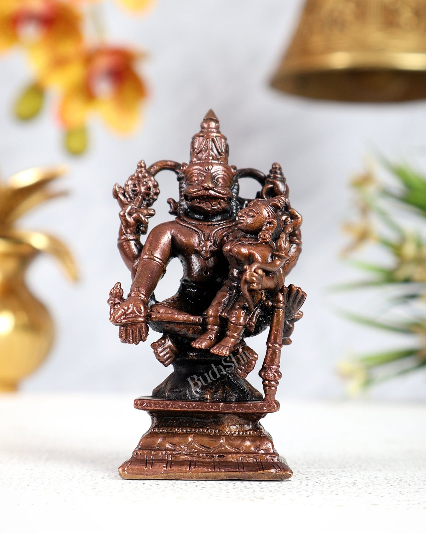 Pure Copper Lakshmi Narasimha Swamy Idol – Divine Protection Sculpture (3 Inches) - Budhshiv.com